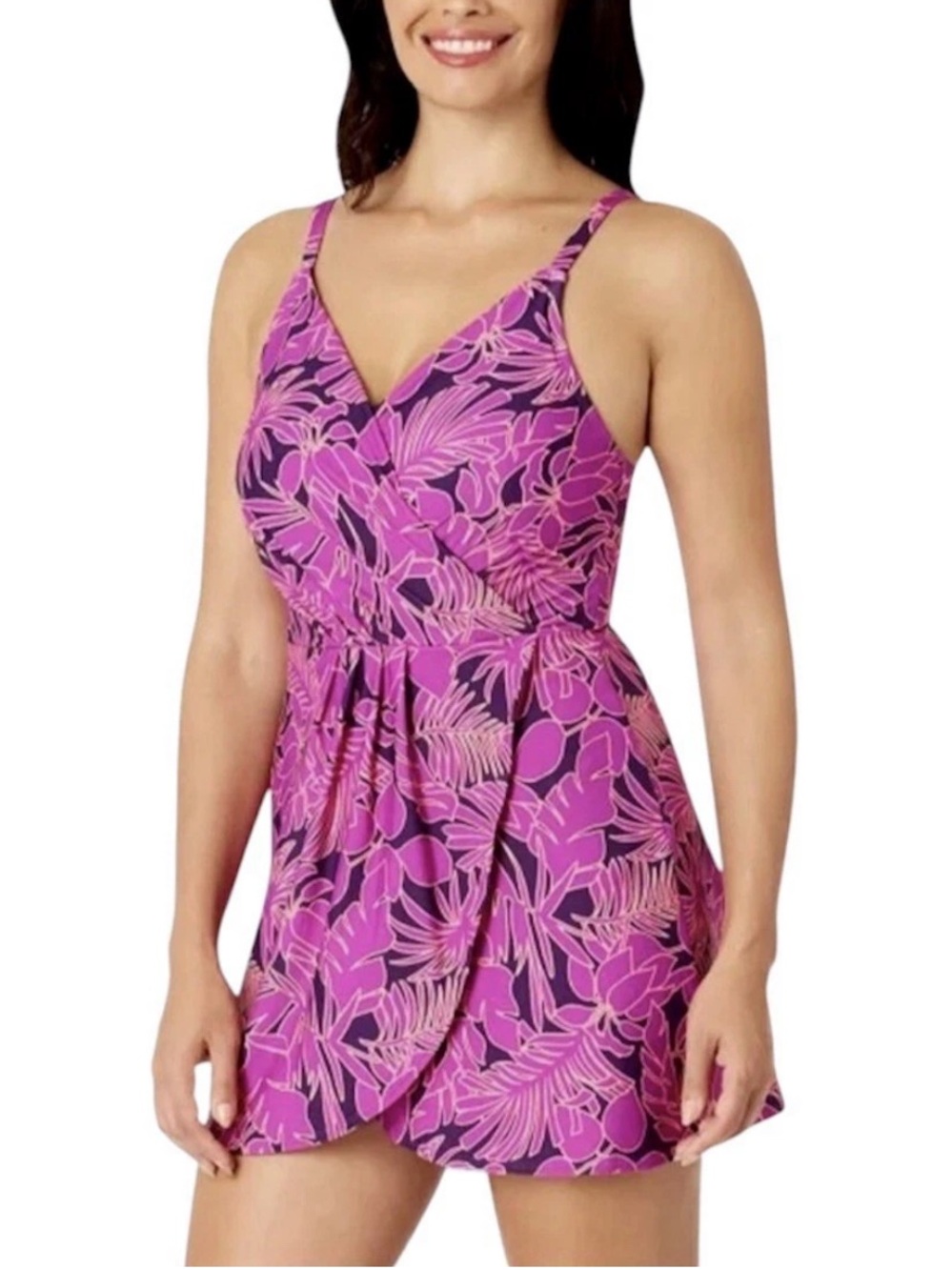 Lands’ End UPF 50+ One Piece Swim Dress Pink and Purple Floral - Size L